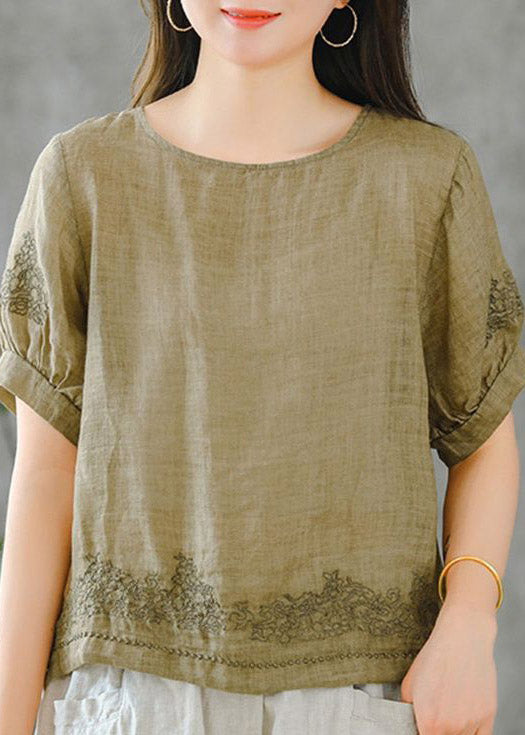 Grass Green O-neck Embroidered Ruffled Linen Tops Short Sleeve