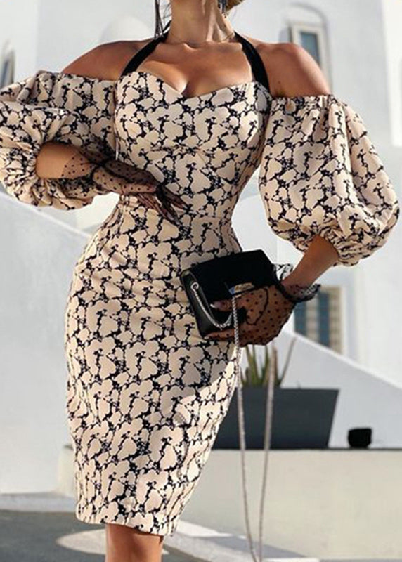 New Apricot Printed Off Shoulder Cotton Dress Lantern Sleeve