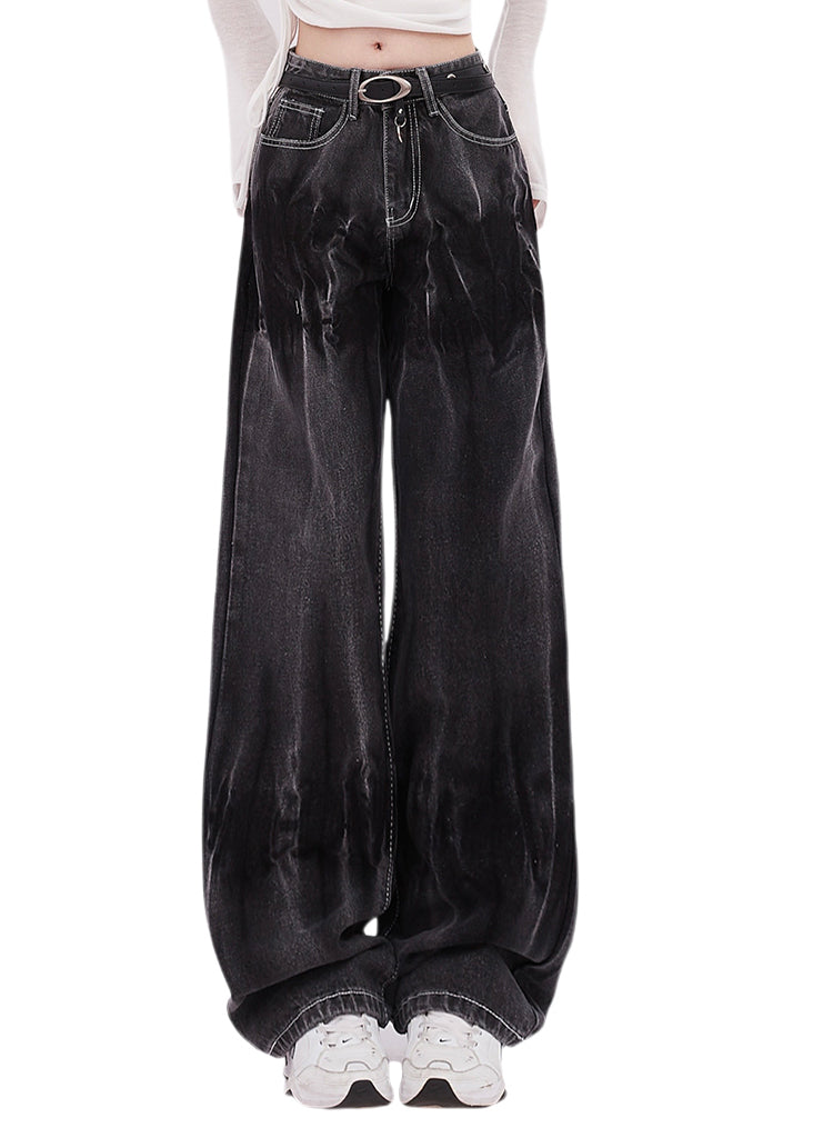 Black Tie Dye Denim Straight Pants Spring