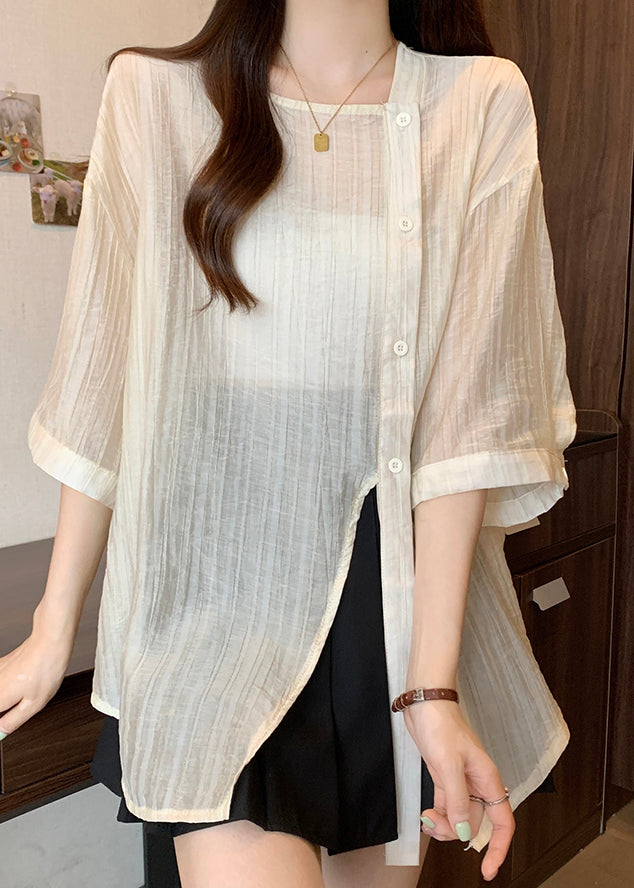 Apricot Square Collar Button Chiffon Shirt Bracelet Sleeve