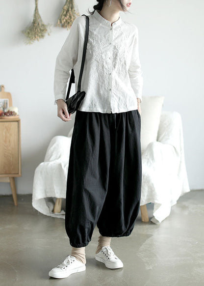 White Stand Collar Button Embroidered Shirt Top Long Sleeve