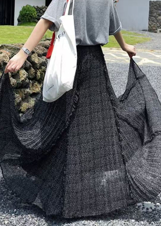 Loose Black Ruffled Print Chiffon a Line Skirts Fall