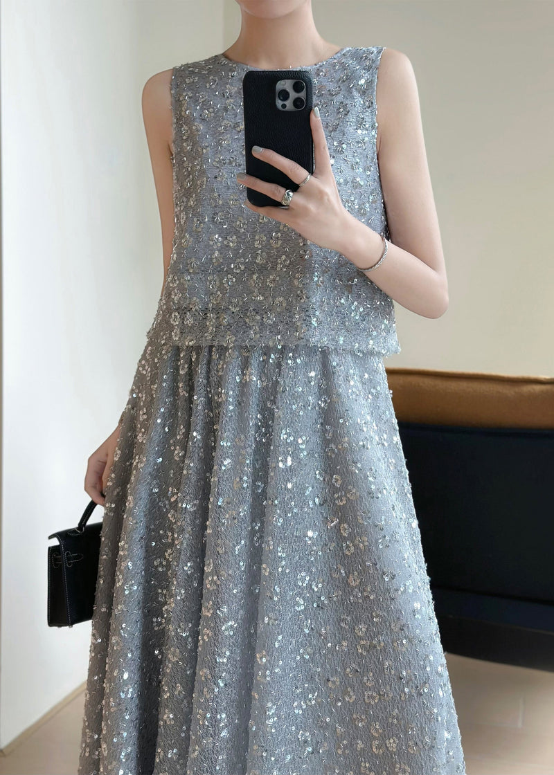 New Grey Lace Up Sequins Tops and Skirts Two Pieces Set Sleeveless