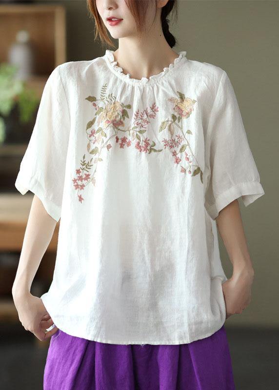 Navy Ruffled Embroidered Summer Linen Shirt