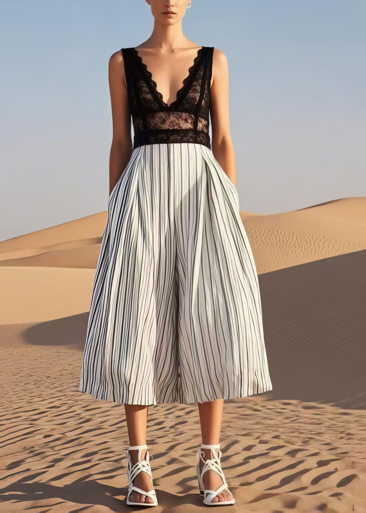 Natural White Striped Cotton Wide Leg Pants Summer