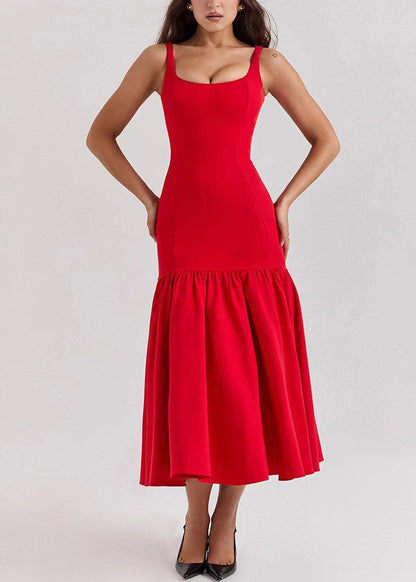 Fitted Red Wrinkled Patchwork Cotton Spaghetti Strap Dress Summer