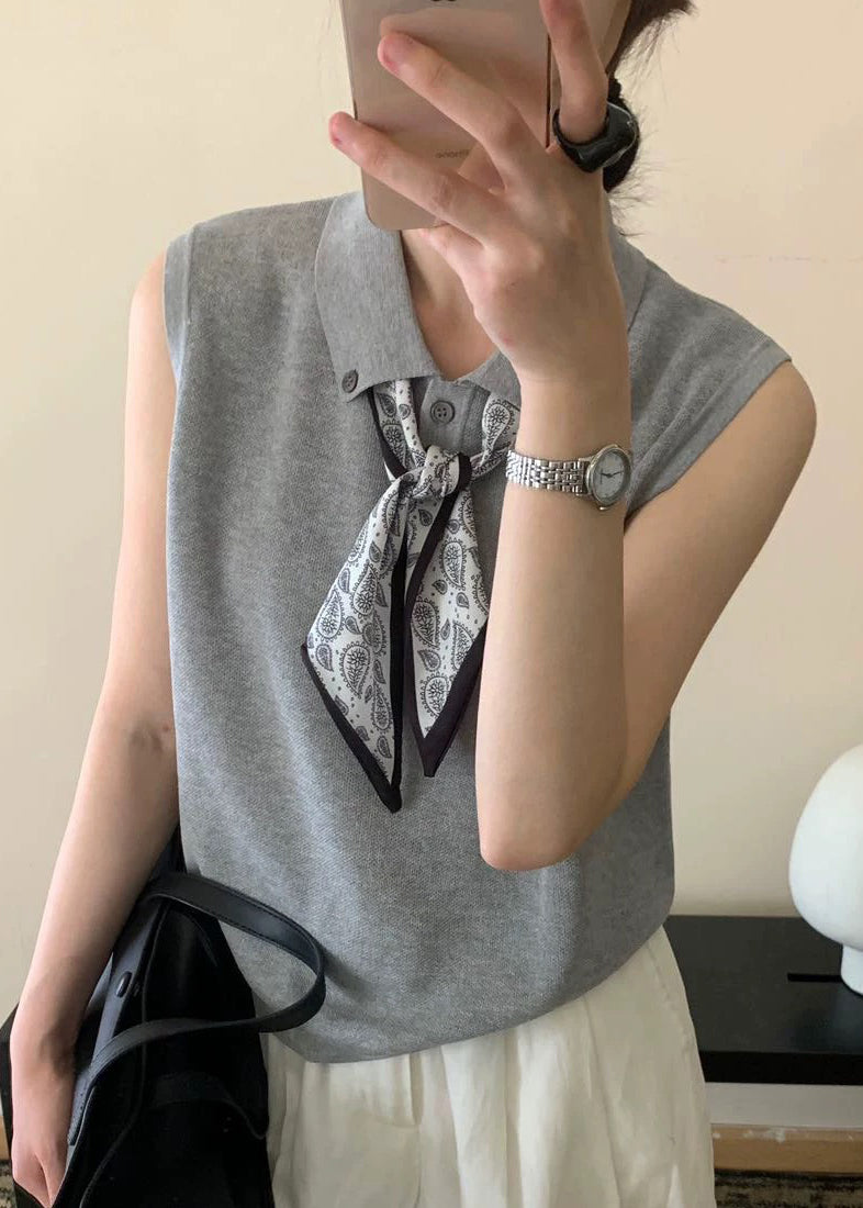 Grey Peter Pan Collar Scarves Knit Shirt Top Sleeveless