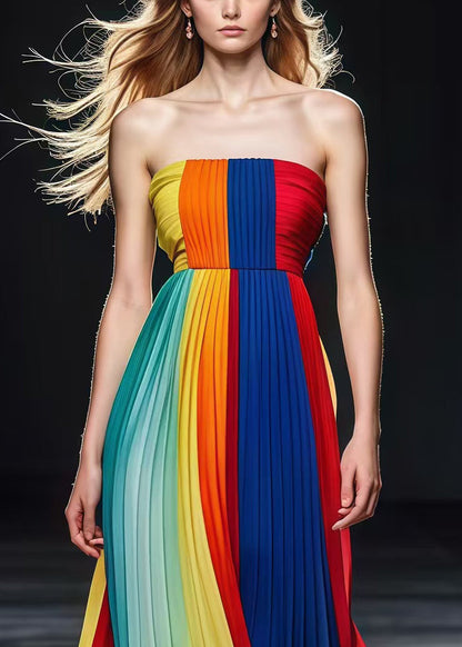 Colorblock Bustier Top Silm Fit Chiffon Strapless Pleated Dresses Summer