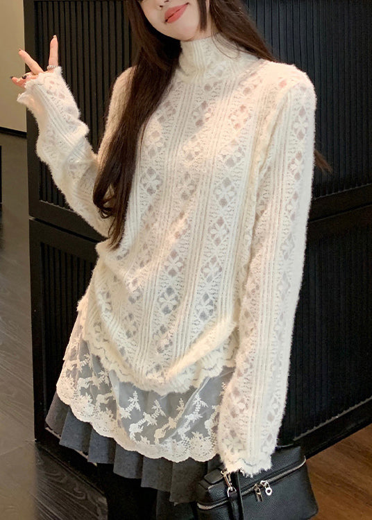 Apricot Hign Neck Lace Patchwork Knit Sweater Winter