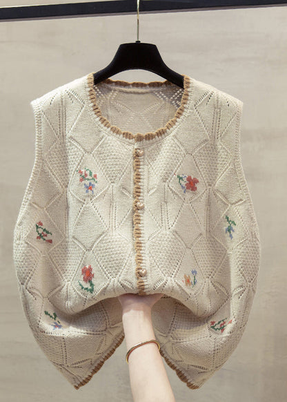 Unique Beige O-neck Embroidered Cotton Knit Waistcoat Fall