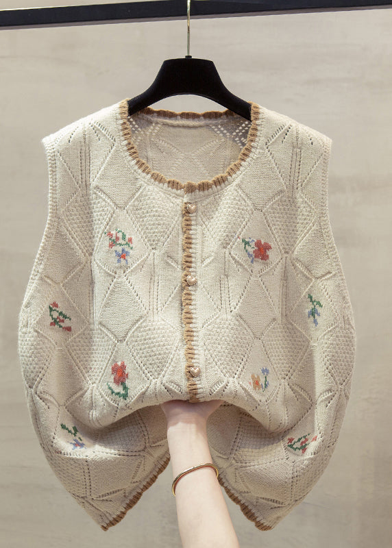 Unique Beige O-neck Embroidered Cotton Knit Waistcoat Fall
