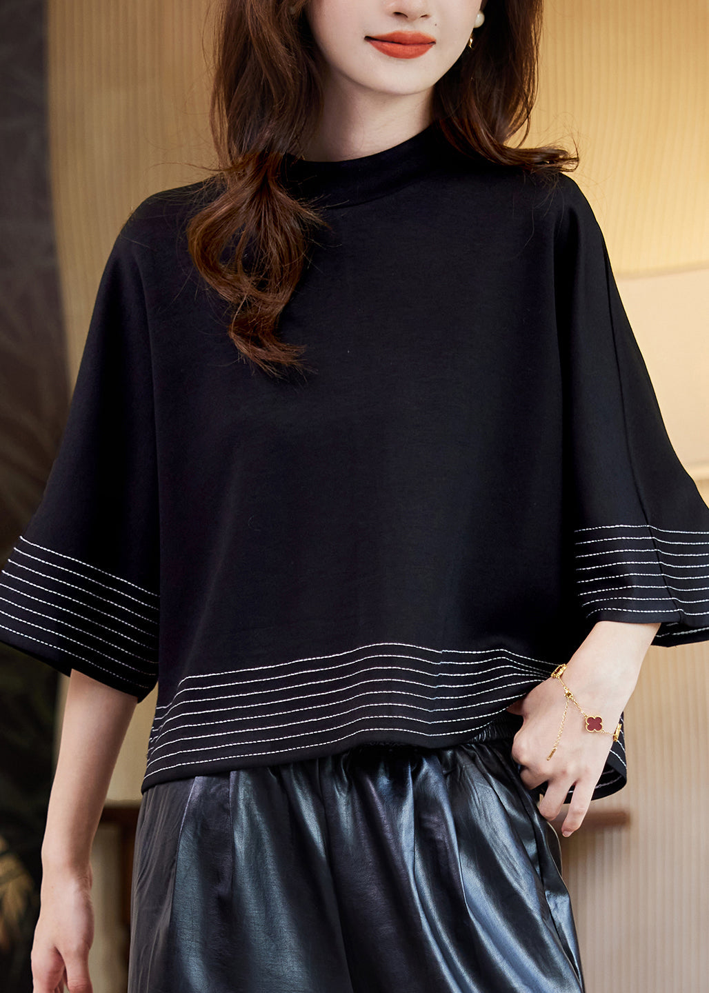 Black O-neck Striped Patchwork Tops Batwing Sleeve