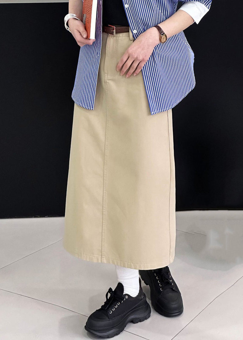 Khaki Side Open Cotton Skirt High Waist