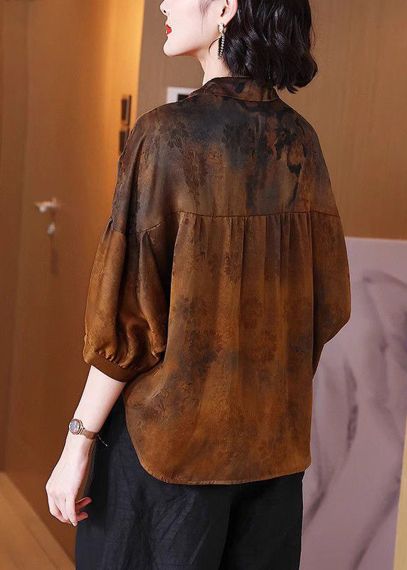 New Brown Peter Pan Collarbutton Silk Blouse Half Sleeve
