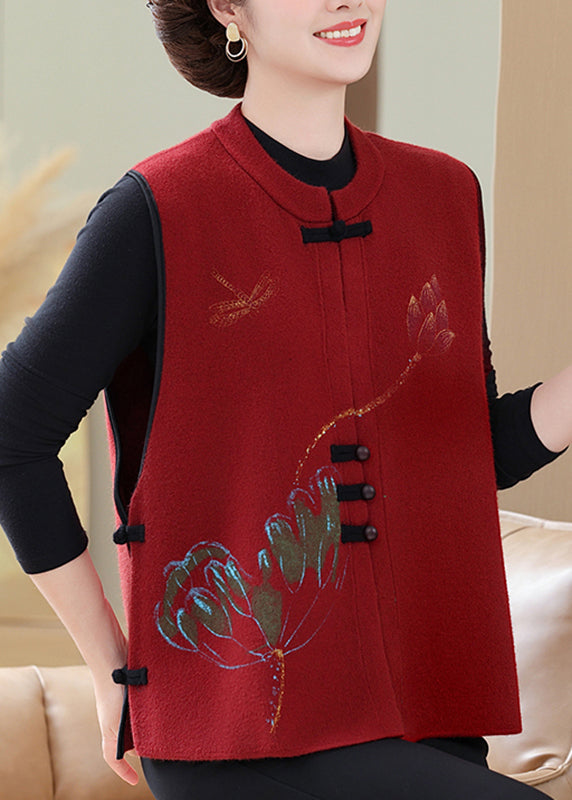 Red Embroidered Knit Waistcoat Sleeveless