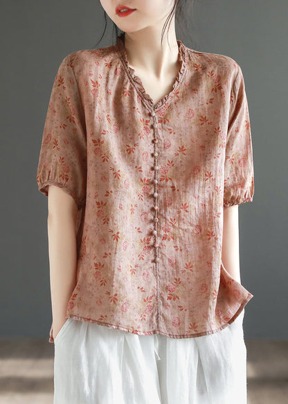 Red V Neck Button Linen Top Short Sleeve