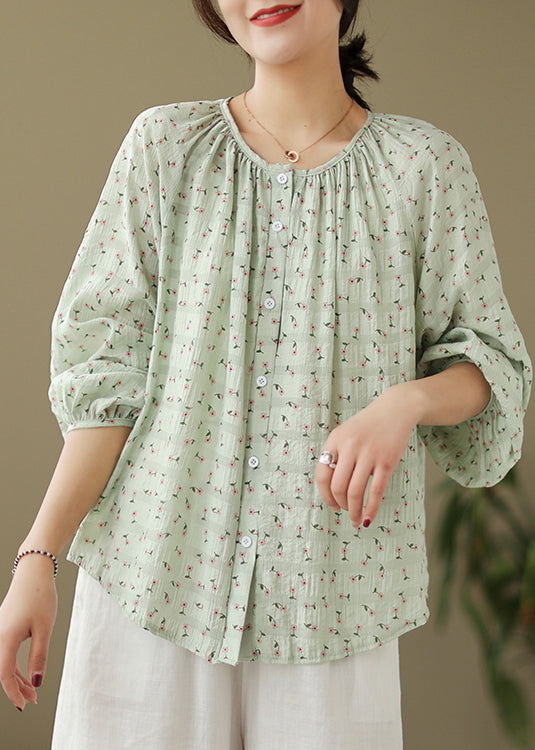 Green Oversized Print Cotton Blouses Fall