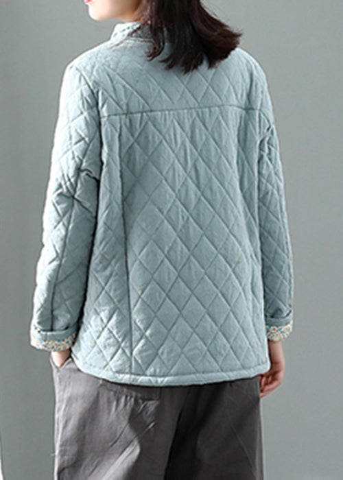 Blue Stand Collar Plaid Button Thick Parka Winter