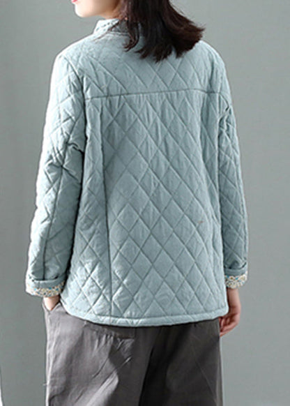 Blue Stand Collar Plaid Button Thick Parka Winter