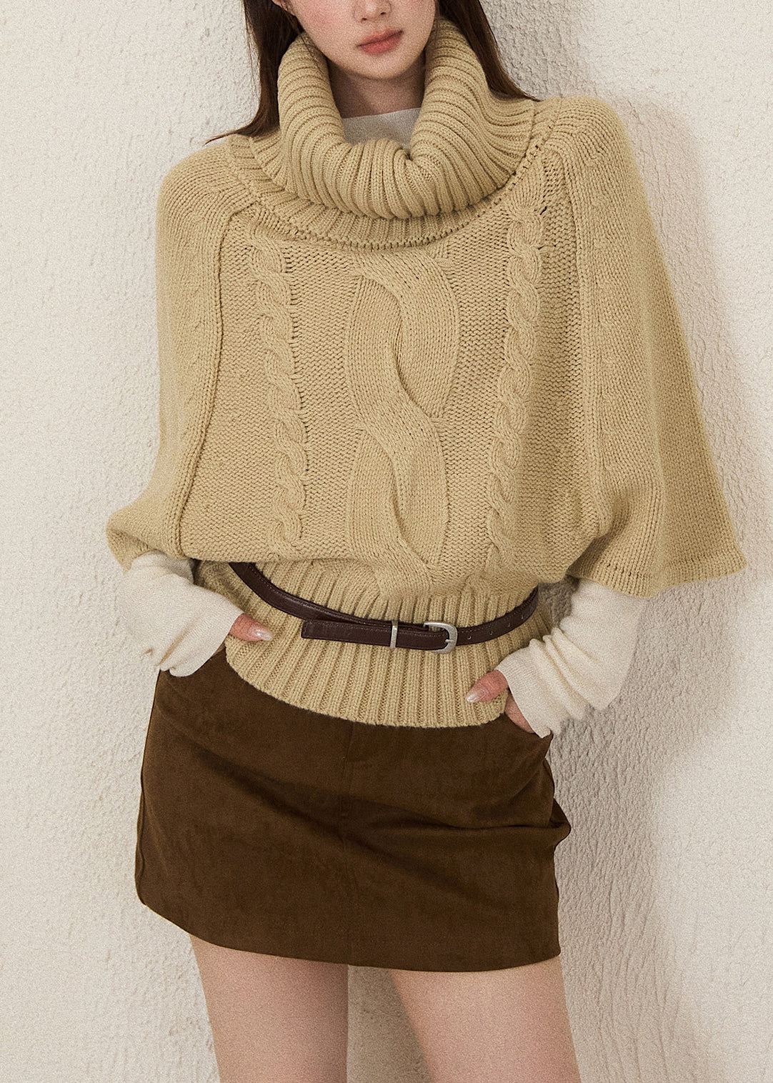 Khaki Turtle Neck Thick Knit Sweaters Batwing Sleeve