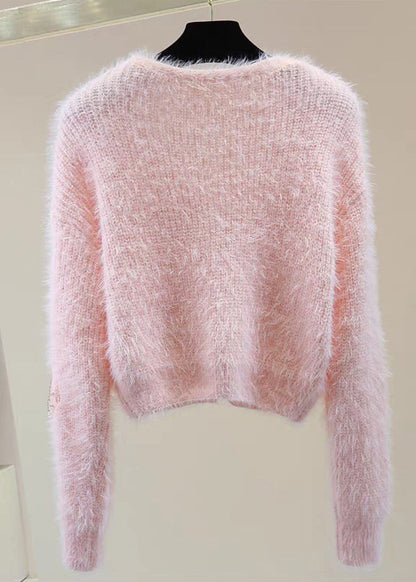 Pink V Neck Zircon Thick Mink Hair Knitted Sweater Winter