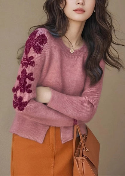 Rose Embroidered Side Open Knit Sweater Tops Winter