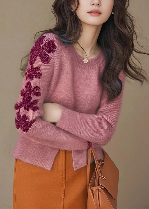 Rose Embroidered Side Open Knit Sweater Tops Winter