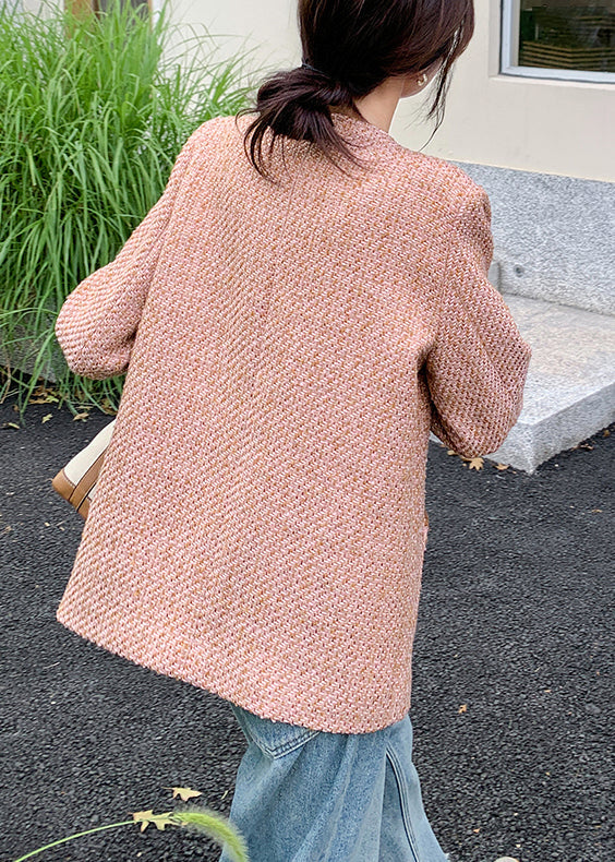 Pink O Neck Button Pockets Coat Fall