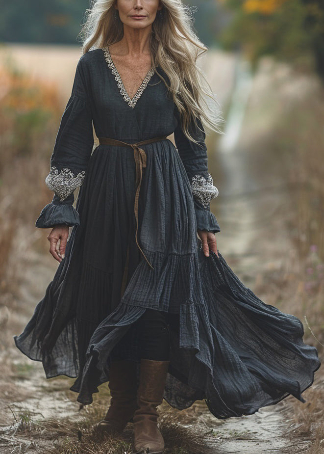 Black V Neck Lace Patchwork Cotton Dresses Spring