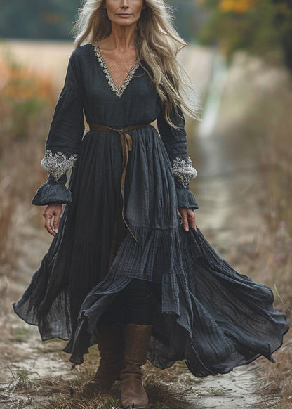 Black V Neck Lace Patchwork Cotton Dresses Spring