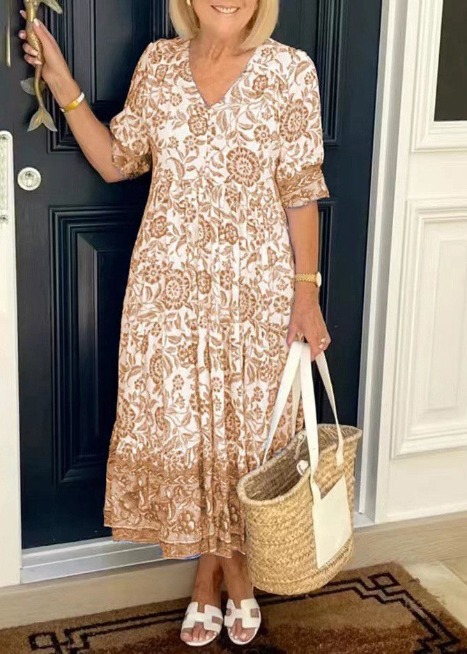 Blue V Neck Print Wrinkled Cotton Dress Summer