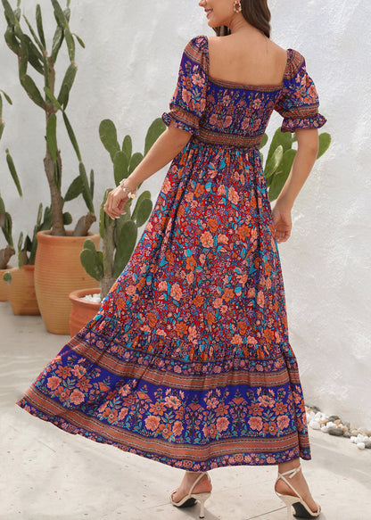 Cold Shoulder Print Wrinkled Cotton Long Dress Summer