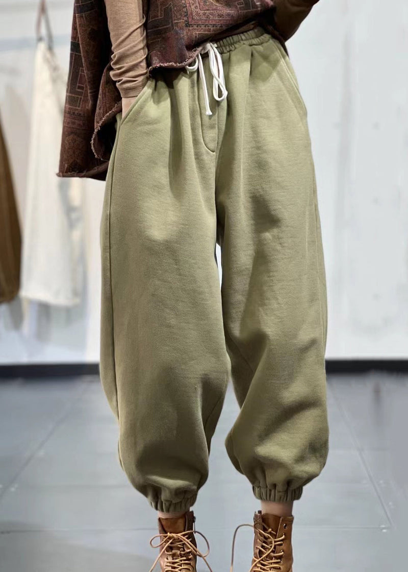 Beige Pockets Elastic Waist Warm Fleece Sport Pants Fall