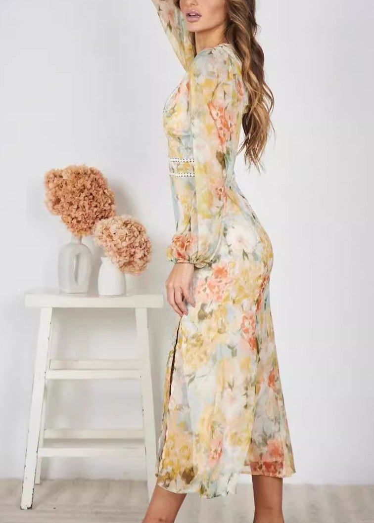 Yellow V Neck Print Chiffon Long Dress Spring