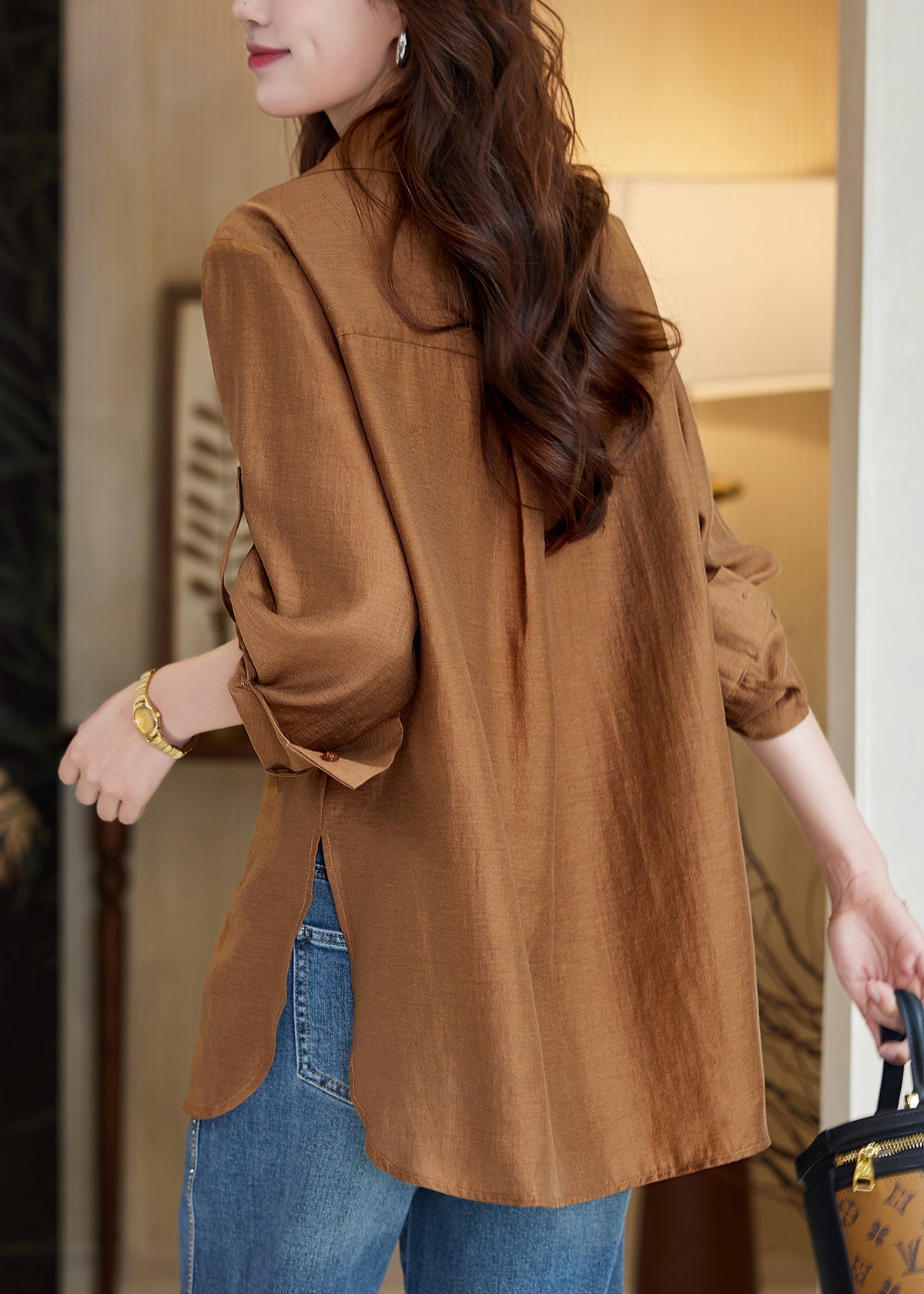 New Caramel Embroidered Button Side Open Cotton Blouse Fall