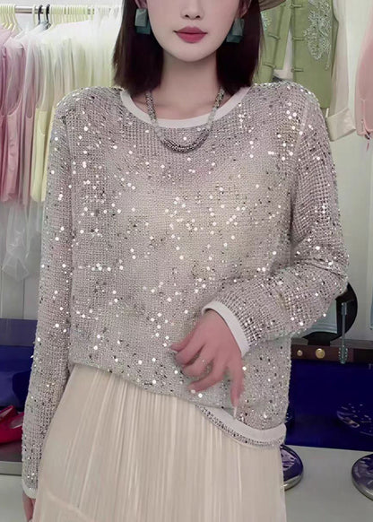 O-neck Sequins Hollow Out Knit Top Fall