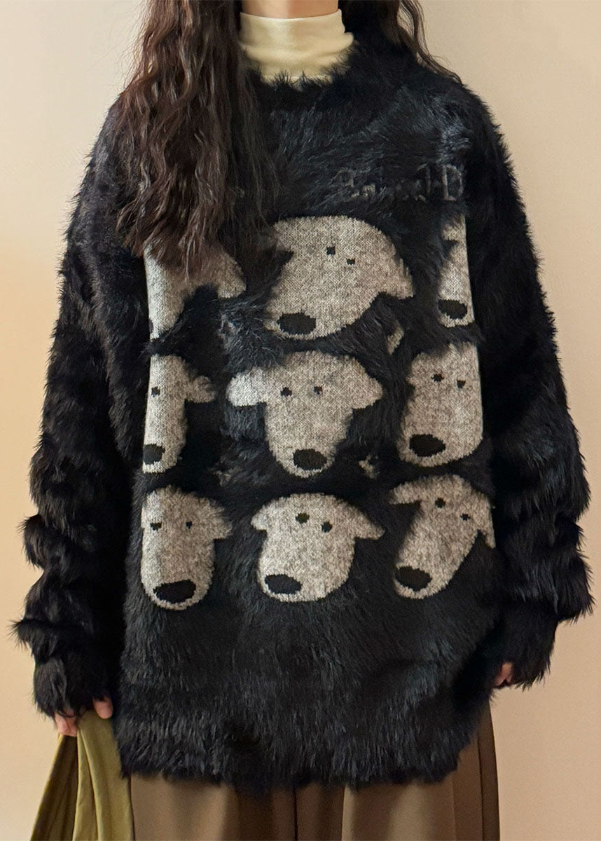 Black O Neck Dog Head Cozy Mink Velvet Sweater