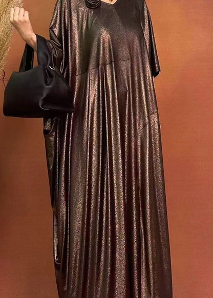 Loose Brown O-neck Patchwork Silk Maxi Dresses Spring