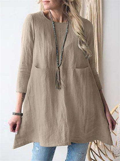 New Color Loose Waist Round Neck Seven-quarter Sleeve Cotton and Linen and Comfortable Dresses
