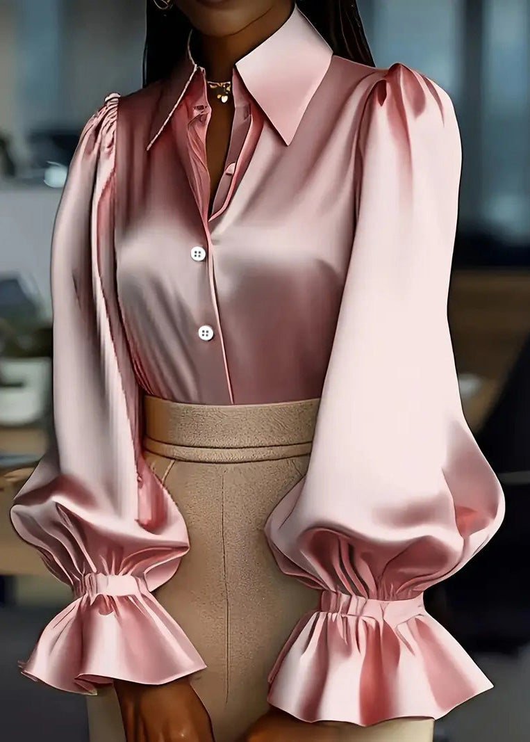Apricot Peter Pan Collar Puff Sleeve Silk Shirts Top