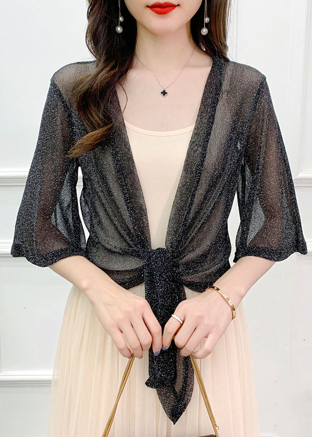 Loose Grey V Neck Lace Up Tulle Cardigans Half Sleeve Spring