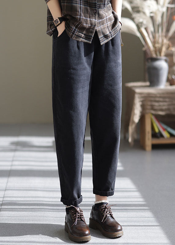 Black Cotton Denim Pants Button Cinched Spring