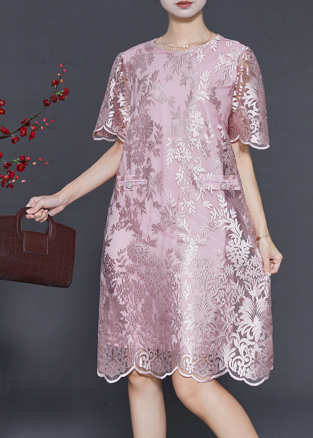 Pink Embroidered Silk Tea Dress Summer