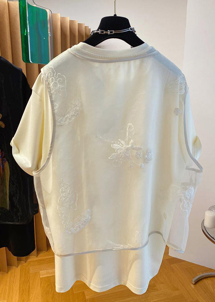 New Beige Tulle Waistcoat and Print T Shirt Two Pieces Set Summer