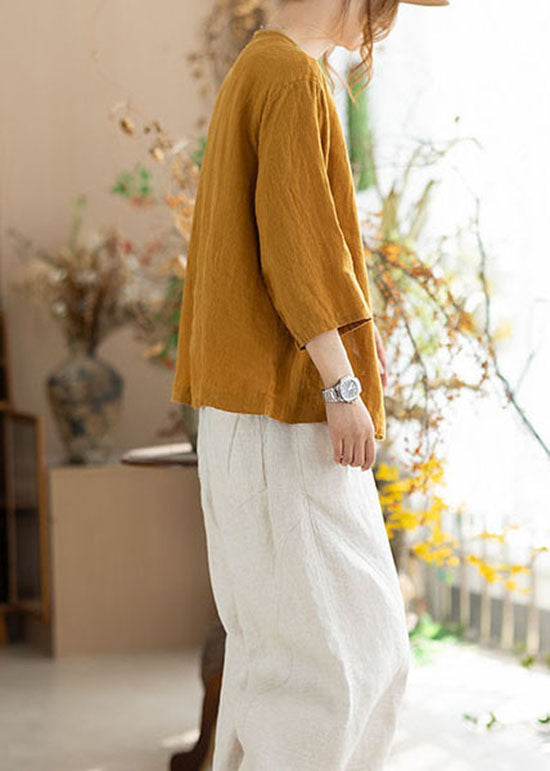 Yellow V Neck Button Linen Cardigans Summer