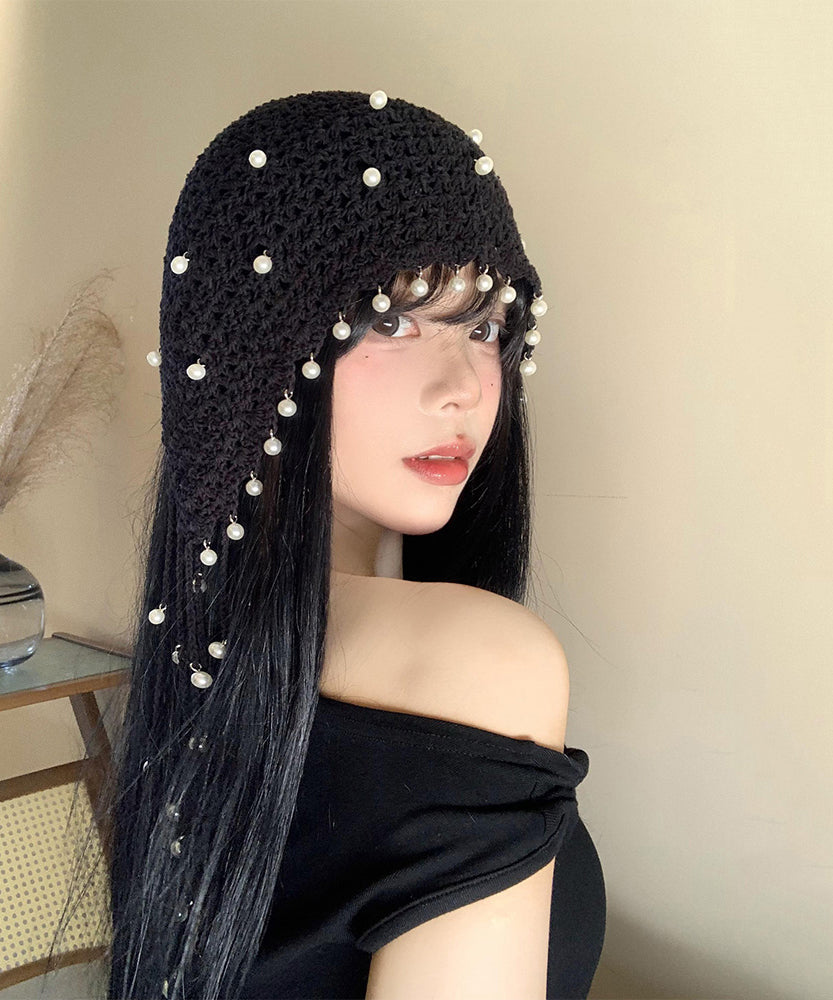 Style Hollow Out Pearl Tassel Knitted Boonie Hat