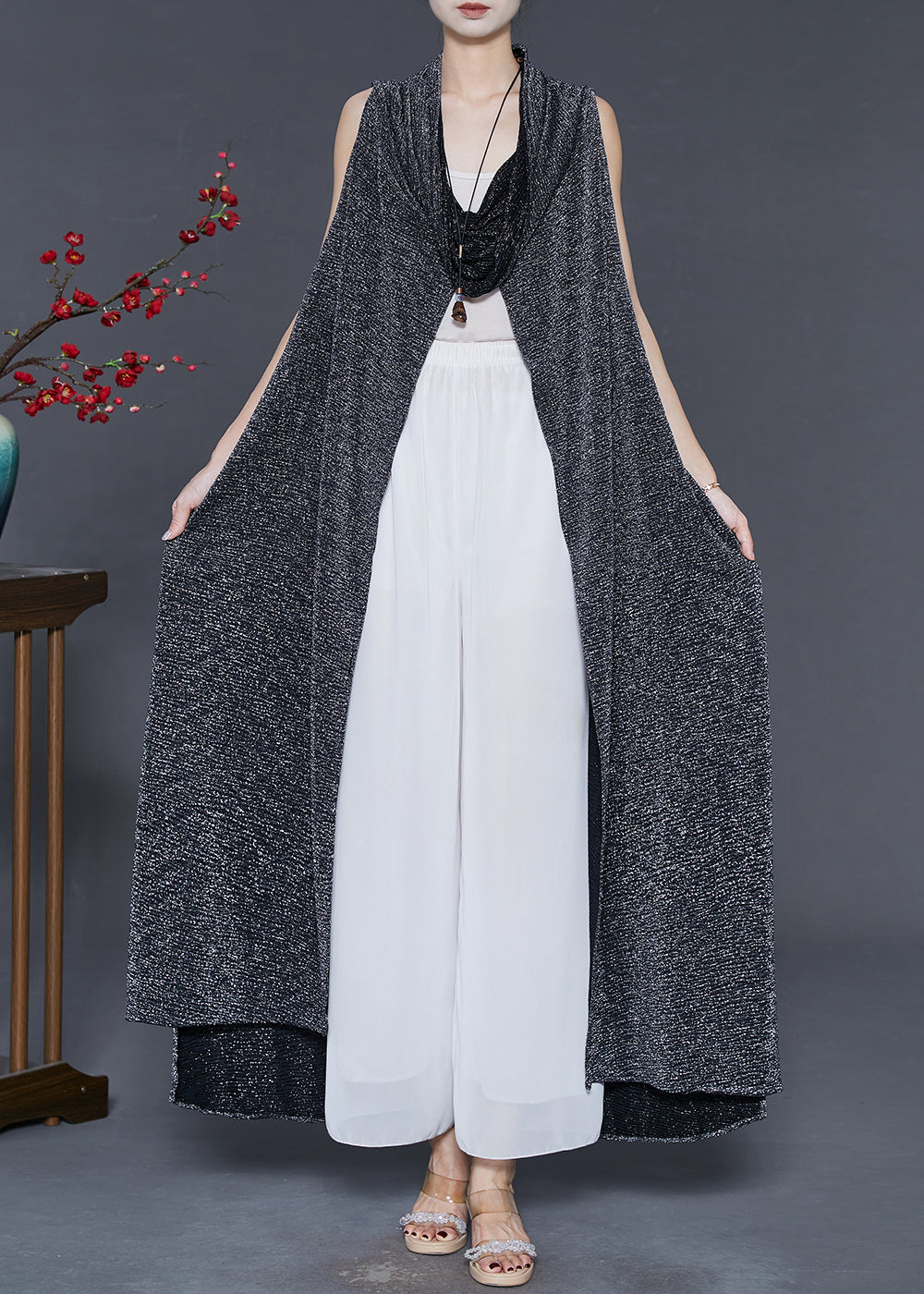 Black Turtle Neck Sequins Long Cardigan Spring