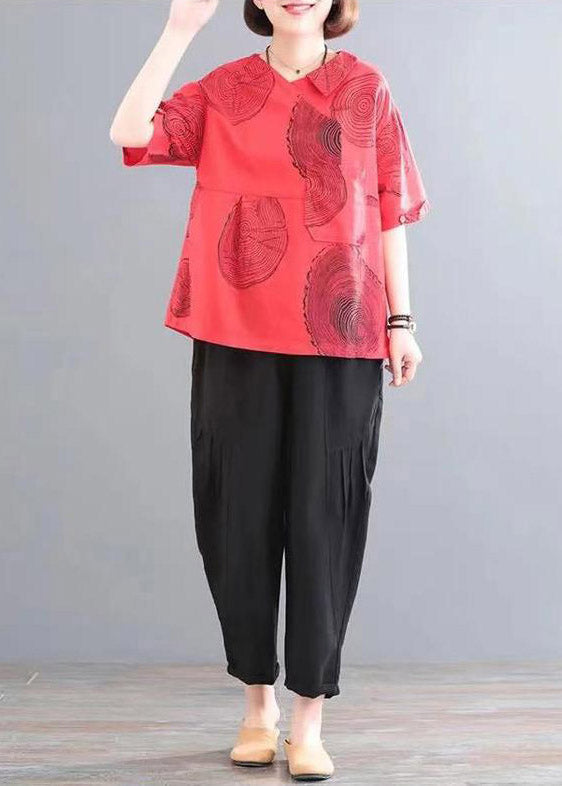 Red Patchwork Pockets Top and Crop Pants Two Piece Set Summer