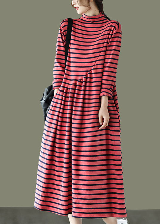 Diy Red Pockets Patchwork Striped Fall Long Dresses