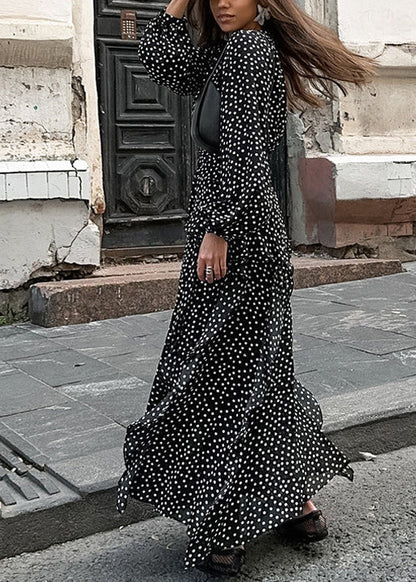 Black V Neck Ruffled Print Chiffon Dress Fall